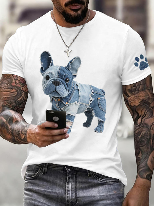 Denim Patchwork Art Français Bulldog Motif T-shirt pour hommes