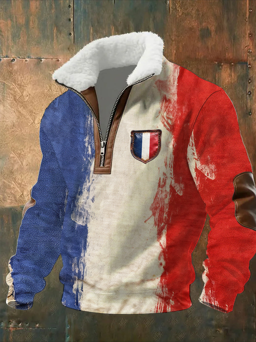 Sweat-shirt décontracté imprimé vintage pour homme avec col en polaire