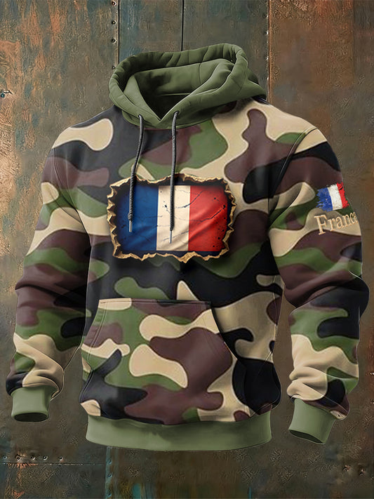 Sweat-shirt à capuche camouflage drapeau français pour homme