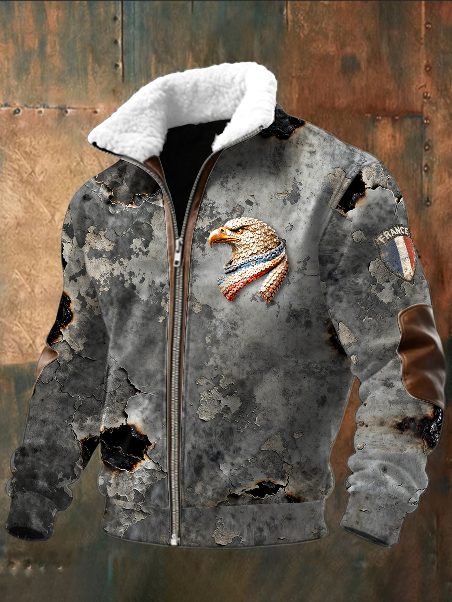 Blouson zippé décontracté pour homme drapeau français aigle gris