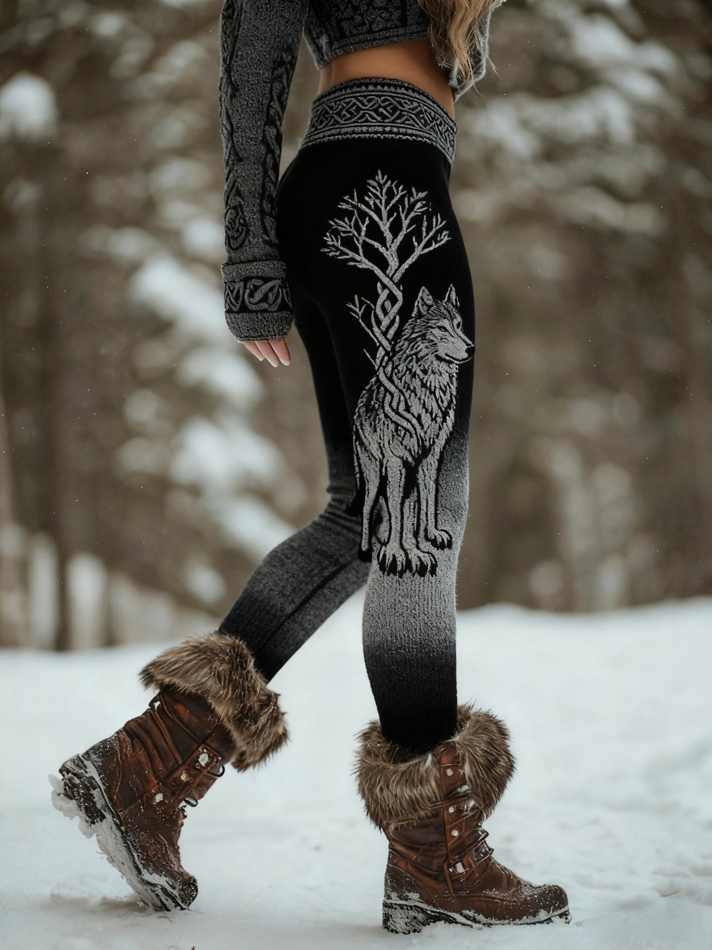 Femmes Retro Viking Wolf Noeud Celtique Arbre De Vie Gradient Sport Stretch Leggings