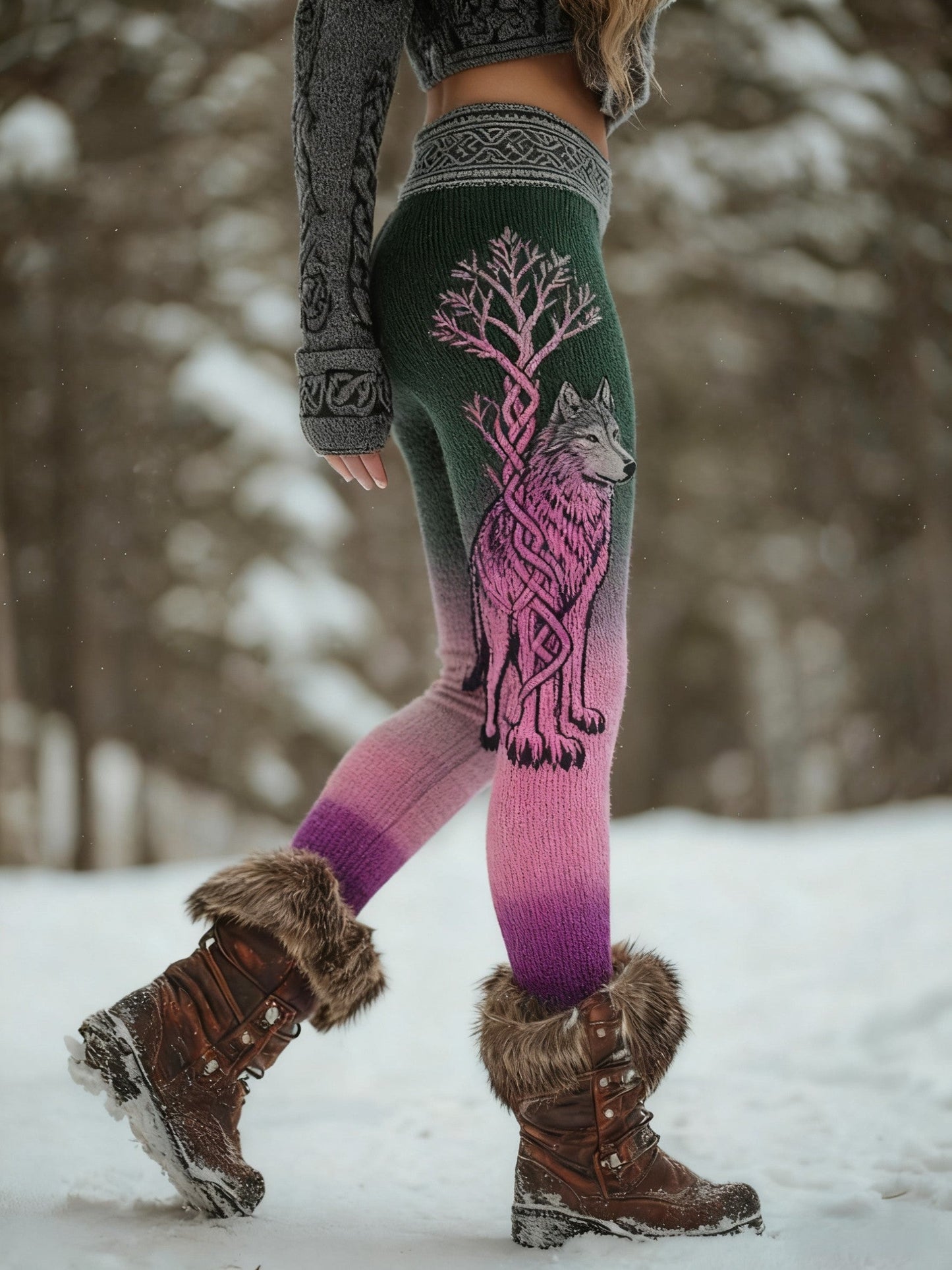 Femmes Retro Viking Wolf Noeud Celtique Arbre De Vie Gradient Sport Stretch Leggings