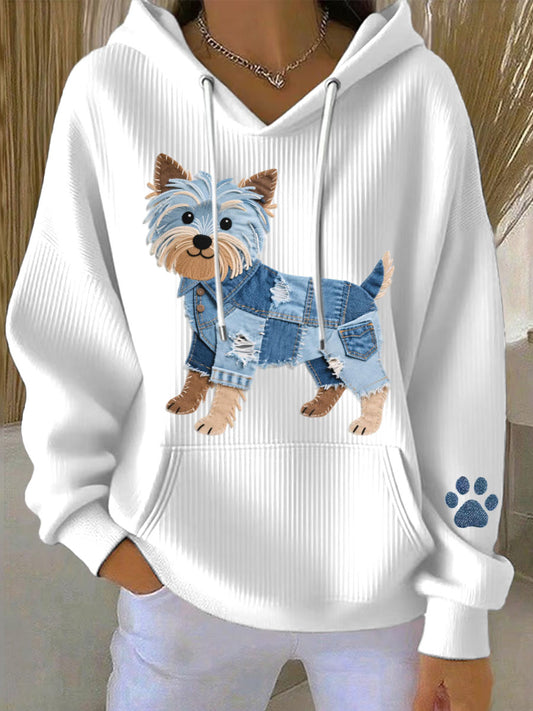Femmes Lovely Yorkshire Terrier Chien Denim Patchwork Motif Hoodie
