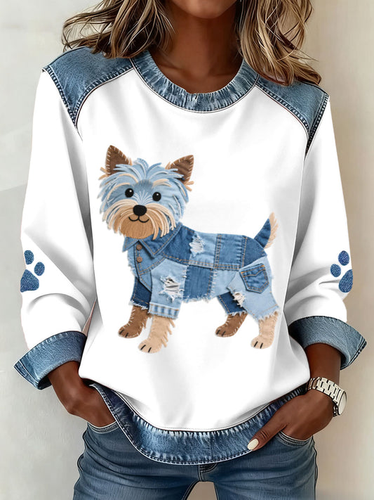 Les femmes Lovely Yorkshire Terrier chien modèle Denim Patchwork Sweatshirt