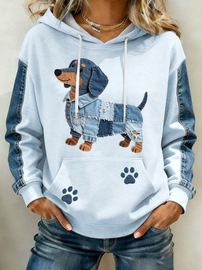 Belle Teckel Motif Denim Patchwork Art Hoodie des femmes