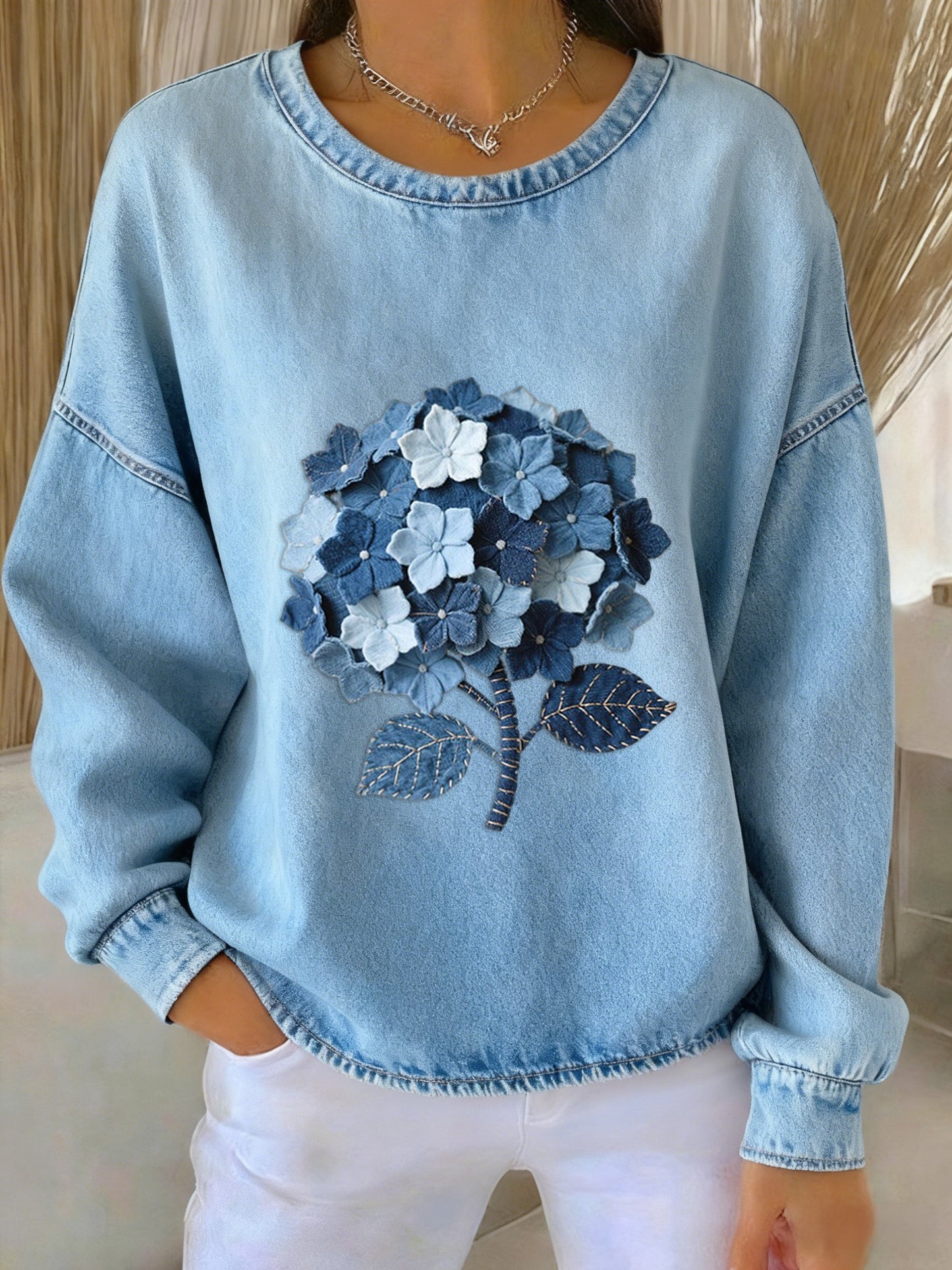 Rétro Denim Floral Patchwork Art Imprimé Casual Loose Sweat-shirt à manches longues