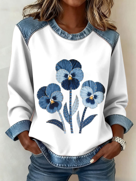 Femmes Pansy Motif Floral Denim Patchwork Art Sweatshirt