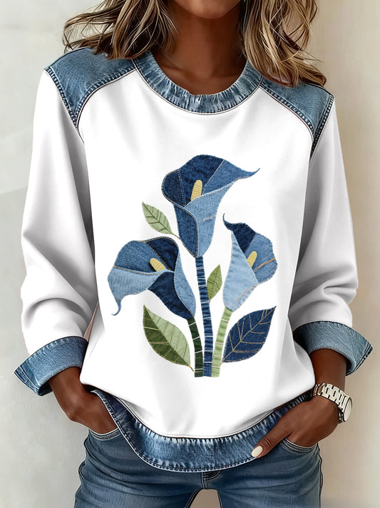 Femmes Calla Lily Motif Floral Denim Patchwork Art Sweatshirt