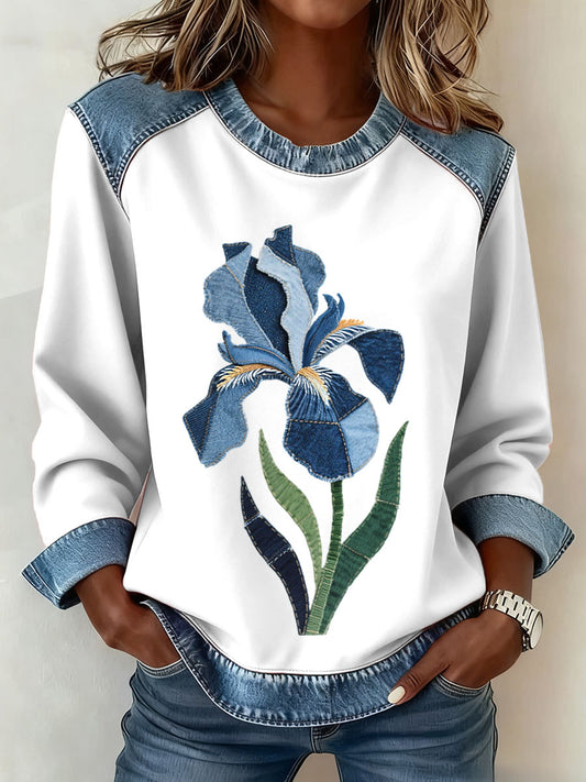 Femmes Iris Motif Floral Denim Patchwork Art Sweatshirt