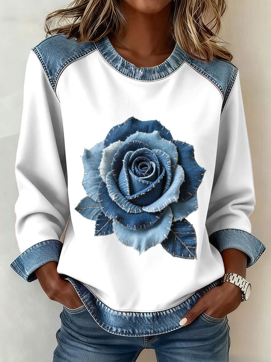 Motif Floral Rose Denim Patchwork Art Sweatshirt des femmes