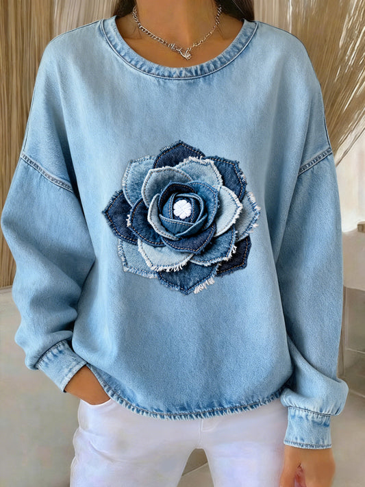 Rétro Denim Floral Patchwork Art Imprimé Casual Loose Sweat-shirt à manches longues